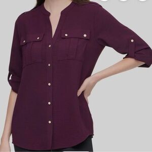 #177 Calvin Klein Deep Eggplant Blouse with Button Accents. Size Large